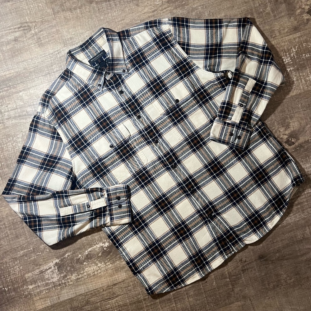 Banana Republic Men's Plaid Flannel Shirt | Beige Navy Brown | Size L